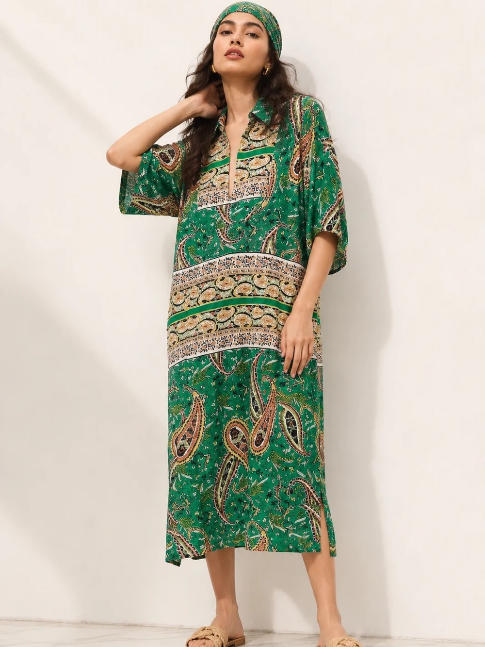 Zara Paisley Oversized Shirt Dress XS Green Boho Midi Tunic Collared Split Neck